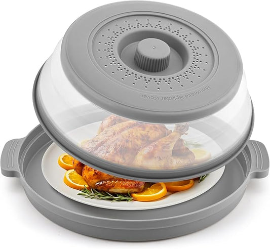 Microwave Splatter Cover for Food with Anti-scald Base Plate,Large Plastic & Silicone Vented Avoid Scalding Collapsible Guard Lid, Plate Holder & Kitchen Colander for Meal Prep-10.7 Inch (gray)
