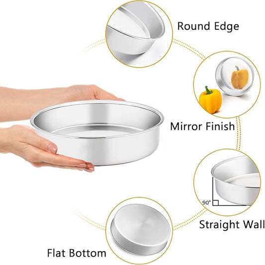 TeamFar 9½ Inch Cake Pan, Round Tier Cake Pans Set Stainless Steel for Baking Steaming Serving, Perfect for Birthday Wedding Celebrations, Healthy & Sturdy, Mirror Finish & Dishwasher Safe - Set of 2
