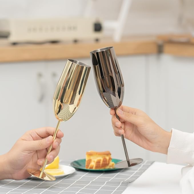 Champagne Glasses Set of 2 Stainless Steel Champagne Flutes Wedding Gifts for Bride 8.5 oz Unbreakable Gold Champagne Glasses for Party Wedding Christmas Anniversary Brithday