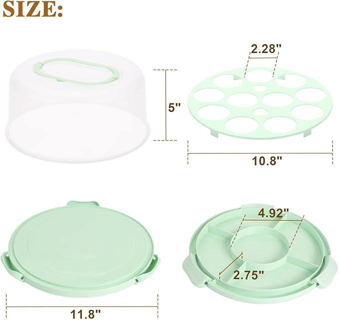 Cake Carrier with Lid and Handle, Cake Stand Cupcake Containers for 10 inch Cake with 2 Handles Cupcake Holder, 3 in 1 Transport Storage Container for Cake Pie Muffin Pizza，Green Round Cake Carriers