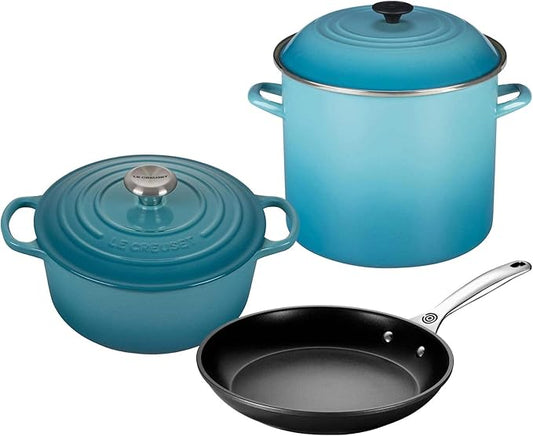 Le Creuset 5-Piece Cookware Bundle: 4-1/2 QT Round Dutch Oven, 8 QT Covered Stockpot, and 10" Toughened Nonstick Pro Fry Pan - Caribbean