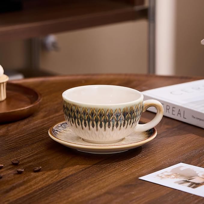 Vintage Design 12 oz Ceramic Latte Art Cappuccino Barista Cup with Saucer (Embossed Vintage)