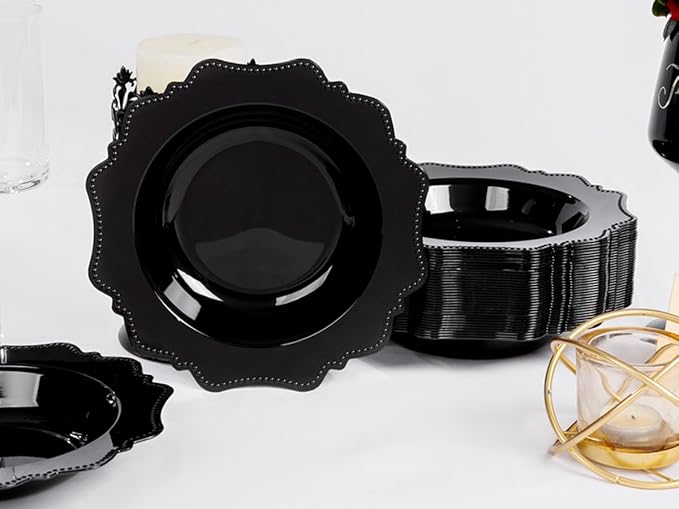 COLOSUS Black Plastic Party Bowls (60 Pack) 12 Oz Disposable Soup/Salad Bowl, Fancy Shatterproof Dinnerware for Catering, Holidays, Weddings, and Everyday Use