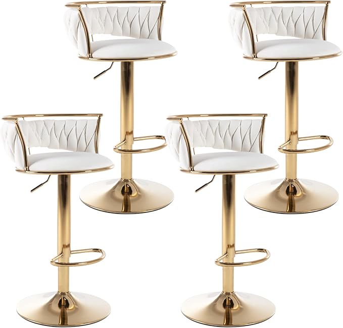 LukeAlon Modern Velvet Adjustable Barstools Set of 4, 360° Swivel Counter Stools with Golden Base Upholstered Open Back Tall Bar Chairs with Footrest for Home Pub Kitchen, White