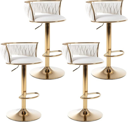 LukeAlon Modern Velvet Adjustable Barstools Set of 4, 360° Swivel Counter Stools with Golden Base Upholstered Open Back Tall Bar Chairs with Footrest for Home Pub Kitchen, White