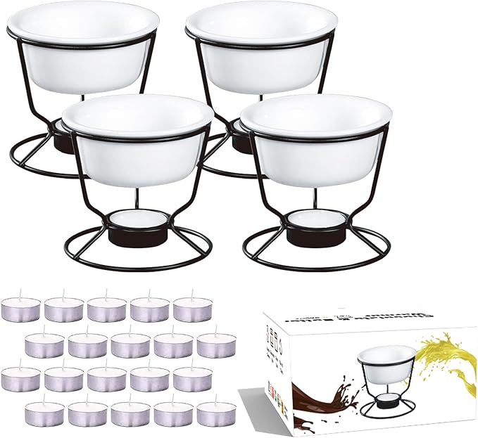 Luvan 4Pcs Fondue Pot Set for Chocolate Butter Cheese, 5oz Butter Warmer for Seafood with 20 Tealight, Ceramic Bowl Oven Microware Dishwasher Safe,Perfect for family dip Fruit,Dessert,Snack