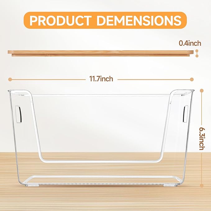 4 Set Pantry Organizer and Storage, Stackable Trash Bag Dispenser Clear Acrylic Kitchen Counter Pantry Baskets for Potato, Onion, Produce, Fruit, Vegetable, Snack, Trash Bag Holder with Bamboo Top