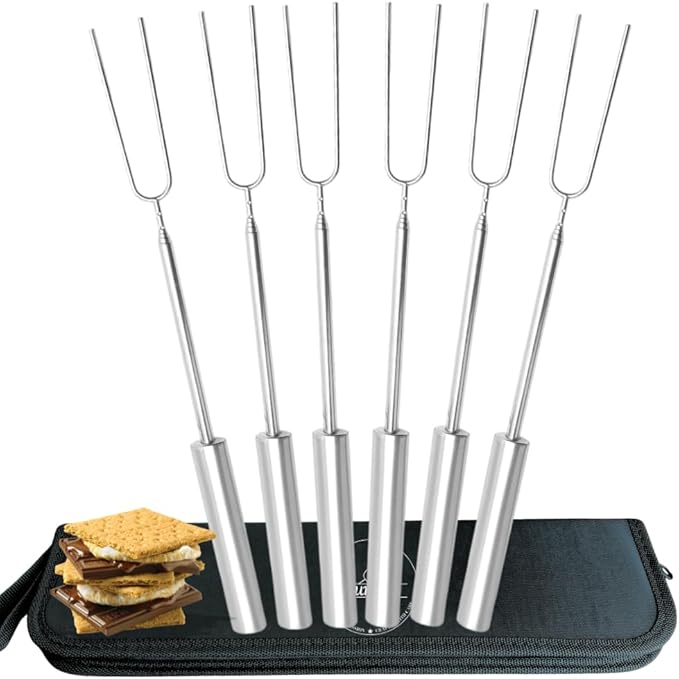 Smores Sticks For Fire Pit [All-Stainless Steel Set Of 6] -Marshmallow Roasting Sticks For Campfire, Telescoping S'mores Forks -Long Hot Dog Sticks [Dishwasher-Safe] - SUMPRI Campfire Skewers