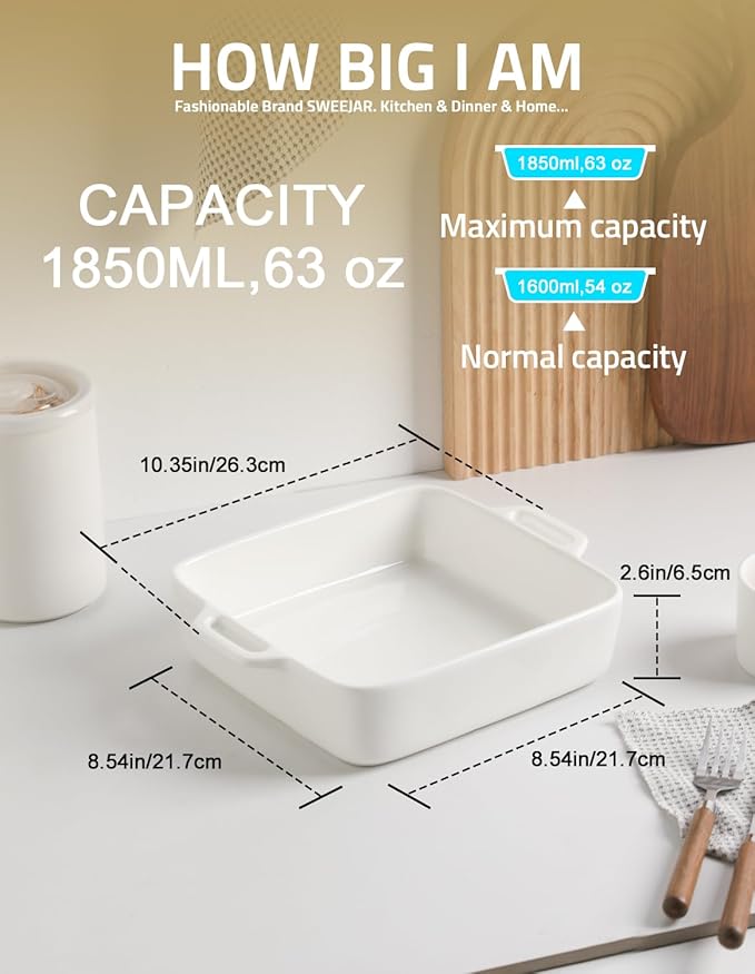 Sweejar 8x8 Baking Pan,Ceramic Casserole Dishes for Oven with Double Handles，2 QT Square Cake Baking Dish for Brownie,Lasagna,Casseroles,Family Dinner(White)
