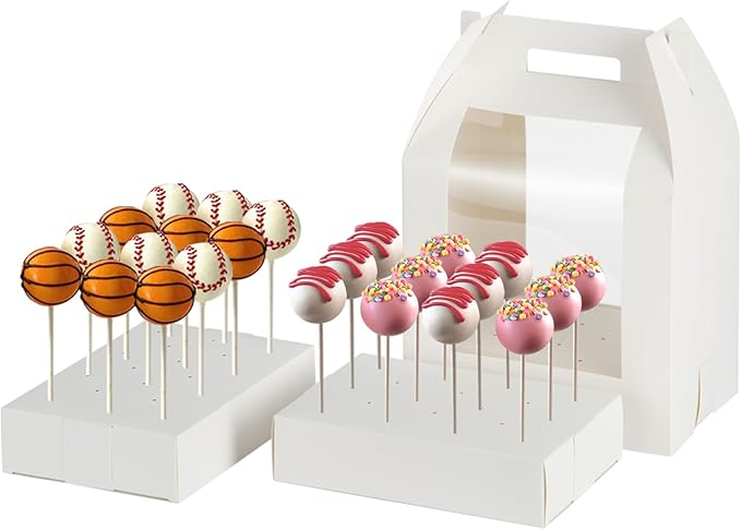 Cake Pop Boxes - 12 Pcs Portable Candy Boxes with Clear Window & 18 Holes Tall Display Carriers for Lollipops, Candy Pops (White)