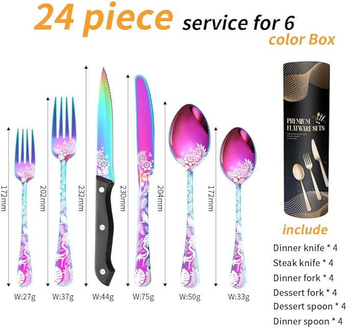 Premium 24 Piece Western Pattern Steak Knife,Fork and Spoon Set,Set for 4,Stainless Steel Cutlery Set with Gift-Ready Box,Dishwasher Safe, Ergonomic Design (Multicolor)