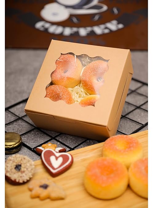 Bakepacker 60pcs Kraft Bakery Boxes with Window 6x6x3 inches Thick & Sturdy Macaroon Pastry Boxes Cookie Boxes for Bakerys