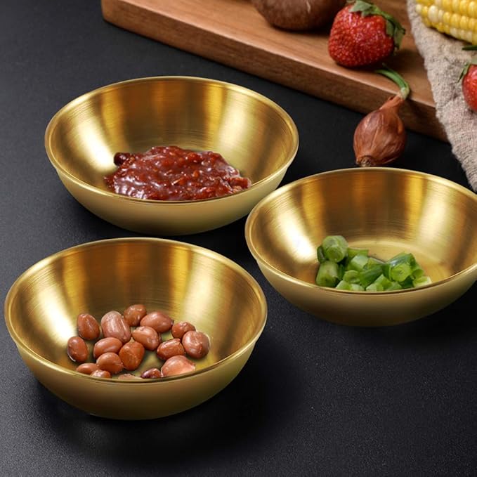 8 Pack 3.5inch Stainless Steel Sauce Dishes Mini Individual Saucers Bowl Round Seasoning Dishes Sushi Dipping Bowl Appetizer Plates, Golden