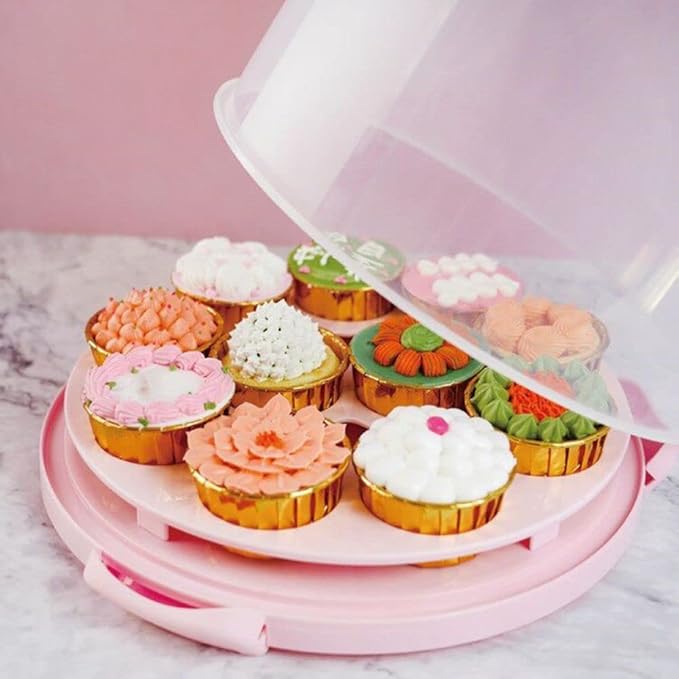 Cake Carrier Round Cake Stand Plus Height Cake Container with Cupcakes Pad, Handle, Lid Reusable Package Box for Transporting Desserts,Pie,Toast,Fruit