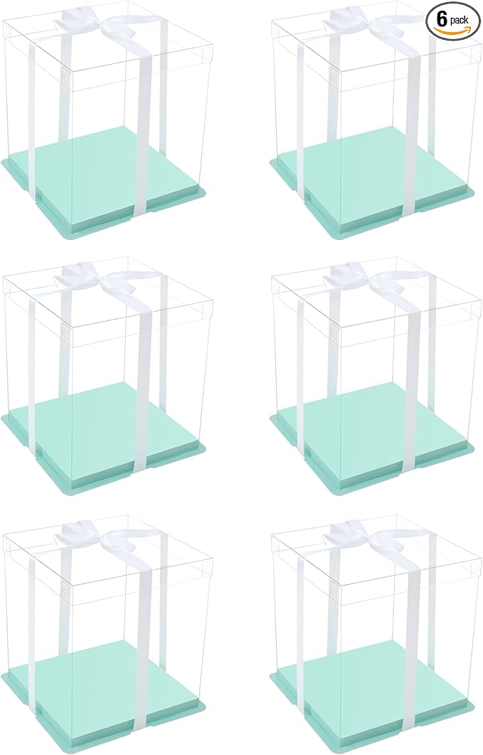 XININSUN clear cake box with ribbon,8inch 10inch cake boxes,transparent tall cake box cake carrier,Cake Containers clear gift box for Wedding,Birthday,Party(6pcs-green)