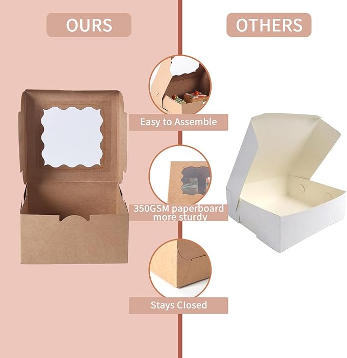 36 pcs 6x6x3 Inches Small Cake Box with Window, Bakery Pastry Cookie Boxes, Mini Pie for Pastry,Dessert,Strawberries,Chocolates, Cupcakes with paper stickers (Brown)