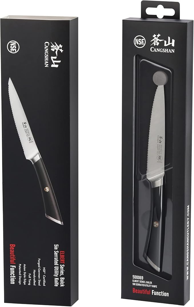 Cangshan ELBERT Series German Steel Forged 5" Serrated Utility Knife (Black)