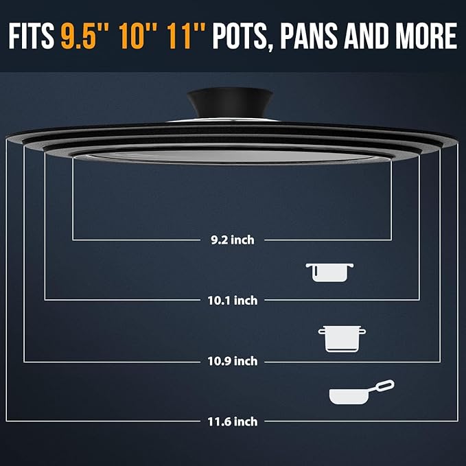 Walfos Universal Lid for 9.5", 10.5" and 11" Diameter Cookware, Fits Pots, Pans and Skillets - Walfos Tempered Glass Pan Lid with Heat Resistant Silicone Rim, BPA Free Pot Lids, Dishwasher-Safe, Black