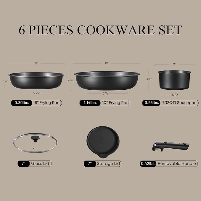 CAROTE 6pcs Pots and Pans Set Non Stick, Cookware Sets, Kitchen Set, Oven/Fridge Safe, Space Saving Pots Set, Nonstick Cooking Set with Versatile Detachable Handle, Induction RV Set, Jet Black