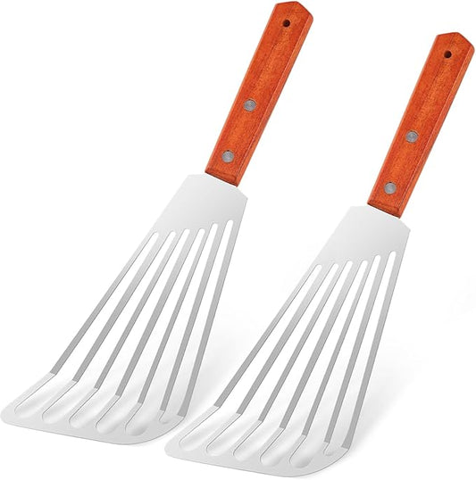 2 PCS Fish Spatula Stainless Steel, Upgraded Version Wooden Handle Fish Spatula, Polished Metal Slotted Turner For Flipping Fish, Omelets, Crepes, Steaks, and Hamburgers
