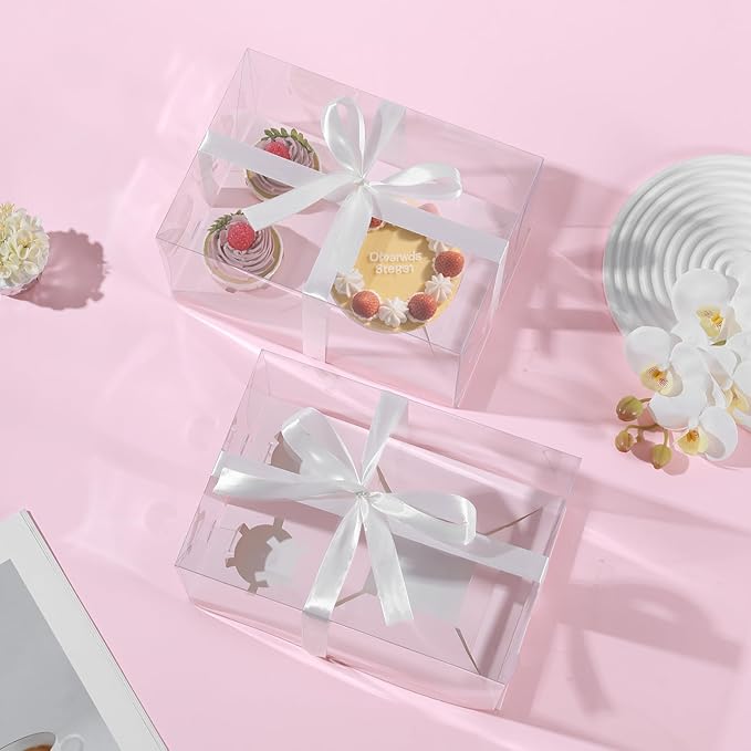 3Pcs Pink Bento Cake Cupcake Combo Boxes Valentine's Day 1+2 Bento Box with Clear Lid 2 Holes Pastry Sweets Cake Cupcake Combo Box Baking Supplies for Valentine Wedding Birthday Party(Pink 1+2/3Pcs)