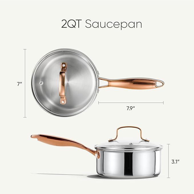 CAROTE 2Qt Stainless Steel Saucepan Set, Non-Toxic 3-Ply Stainless Steel Cookware Set with Lids, Small Kitchen Pots, Oven Safe, Compatible with Induction, Ceramic, Gas