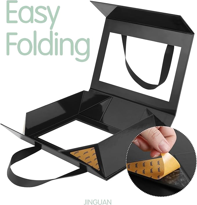 Black Gift Box with Window, Gift Box with Lid and Handle, Clear Magnetic Gift Box for Present, Groomsman Proposal Box (10.5x7.5x3 Inches