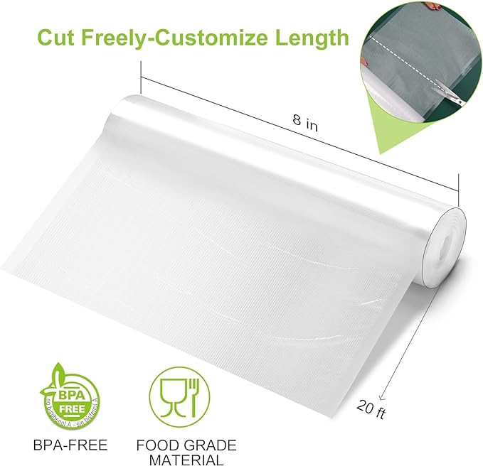 Bonsenkitchen Vacuum Food Sealer Rolls Bags, 2 Packs 8 in x 20 ft, BPA Free, Durable Commercial Customized Size Bags for Storage and Sous Vide Cooking,VB3206