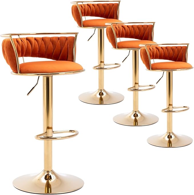 LukeAlon Velvet Adjustable Barstools Set of 4, Modern 360° Swivel Counter Stools with Golden Base Upholstered Open Back Tall Bar Chairs with Footrest for Home Kitchen, Orange