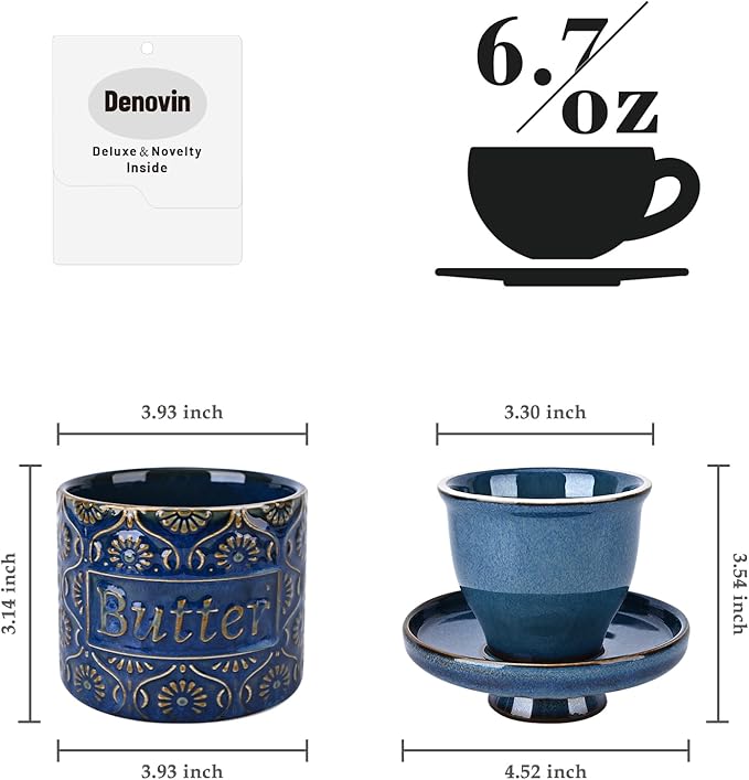 Butter Crock, Ceramic French Butter Dish with Lid for Countertop, Butter Keeper with Water Line for Fresh Spreadable Butter (Vintage Blue)