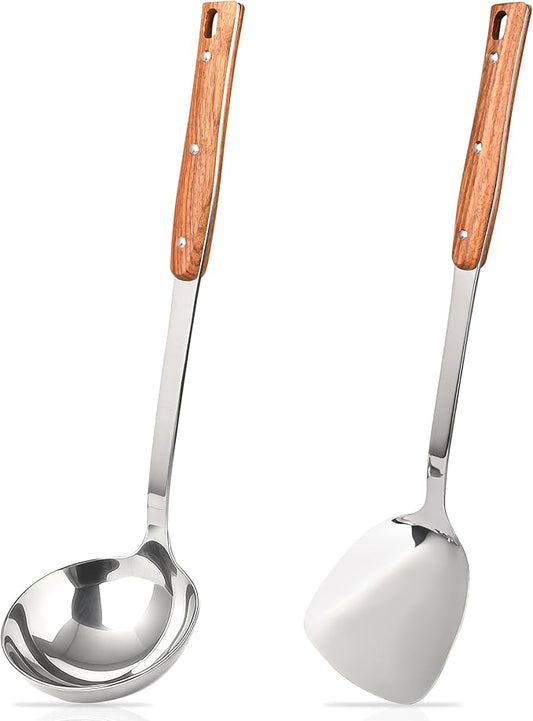 FJNATINH 2Pack Stainless Steel Wok Utensils, Heat Resistant Wok Spatulas and Ladle, with Wooden Handle, for Serving, Turning, Cooking, Stirring, Soup
