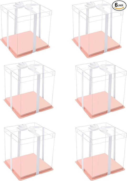 XININSUN pink clear cake box with ribbon,4inch 6inch cake boxes,small transparent cake box cake carrier,square cardboard cake containers clear gift boxes for wedding,birthday,party(6pcs)