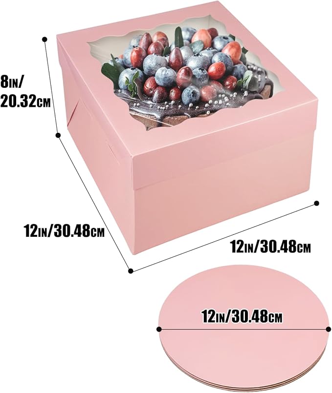 qiqee Pink 12x12x8 Cake Box, 4 Sets Pink Cake Box with Window ＆ 4 Sets 12" Pink Cake Round Boards, 12inch Cake Containers