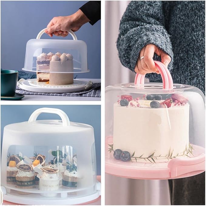 Cake Carrier Round Cake Stand Plus Height Cake Container with Cupcakes Pad, Handle, Lid Reusable Package Box for Transporting Desserts,Pie,Toast,Fruit