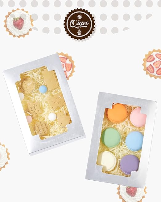 qiqee Silver Cookie Boxes for Gift Giving 8x5.3x2 inch 24Packs Silver Treat Box with Window Bakery Box for Donuts Candies and Biscuit