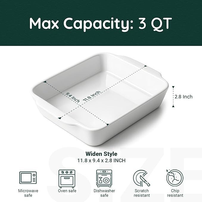 3 QT Wide Ceramic Baking Dish, White Casserole Dish with, Lasagna Pan for Oven, Ceramic Baking Pan, Kitchen Decor, Microwave Oven Safe, Dinner, Wedding（9.4" x 11.8"）