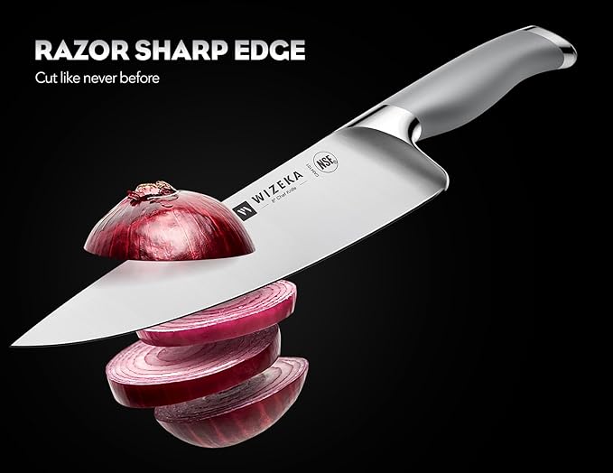 WIZEKA Kitchen Knife Set with Block: 15PCS Easy-Care Knife Block Set with Sharpener, One-Piece German Stainless Steel Kitchen Knives, Silver Wings Series