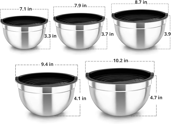 5-Piece Stainless Steel Mixing Bowls Set with Plastic Lids – Nesting Stackable Bowls for Cooking, Baking & Food Prep – Space-Saving Kitchen Storage