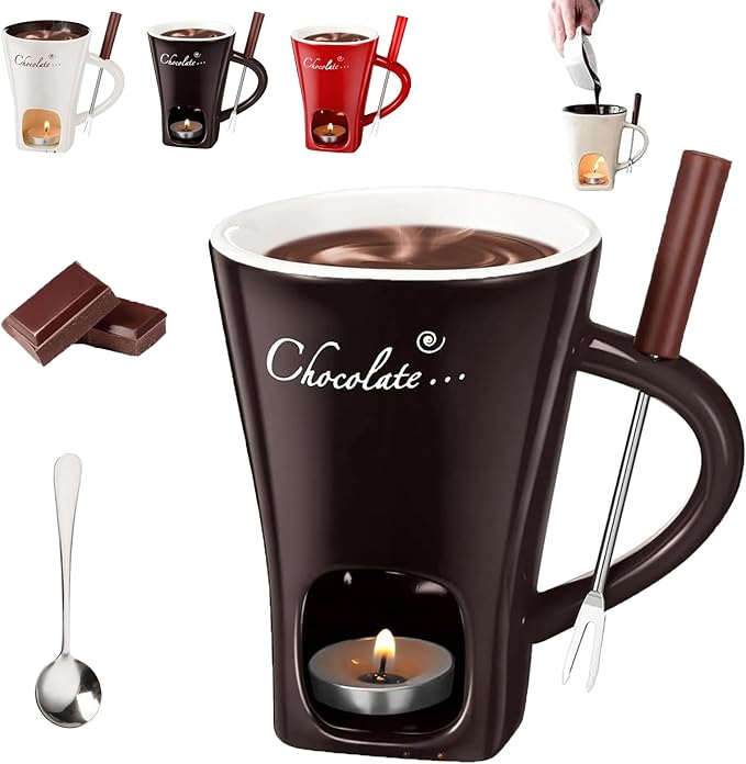 Meltie Cup, Portable Ceramic Meltie Cup Handcrafted Fondue Cups with Fork and Spoon, Chocolate Melting Mug Set for Desserts, Snacks (Black)