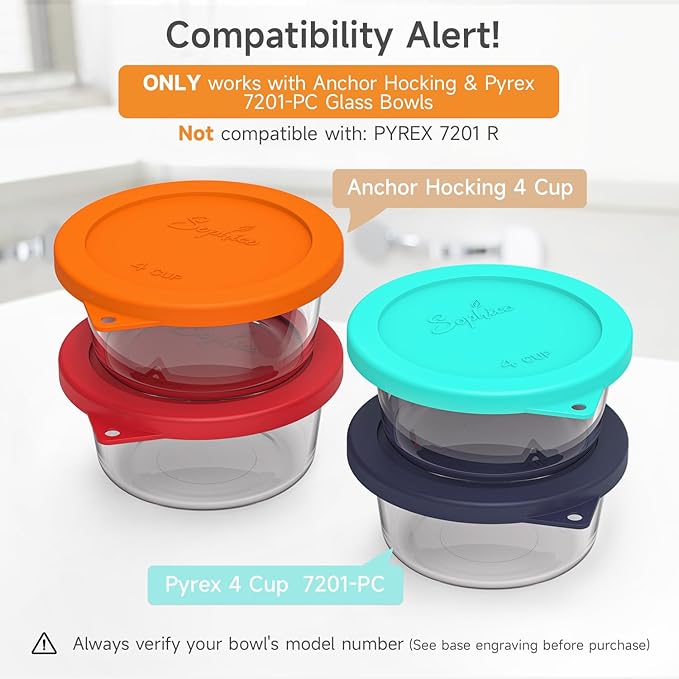 Sophico 4 Cup Round Silicone Storage Cover Lids Replacement for Anchor Hocking and Pyrex 7201-PC Glass Bowls (Container not Included) (Red-Orange) 4 Pack