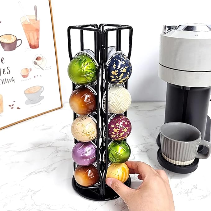 Coffee Pod Holder for Nespresso Vertuoline, Coffee Pod Stand Holds 20 Pods, Small Cofee Pods Organizer Carousel Compatible with Nespresso Vertuoline 360-Degree Rotatable, Black