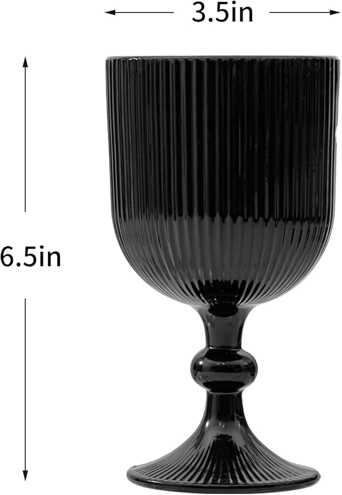 12 Pcs Black Vintage Wine Glasses, 11 Ounces Colored Glass Water Goblets, Unique Embossed Pattern High Clear Stemmed Glassware Wedding Party Bar Glass Drinking Cups Fancy Glasses Set Hand Wash Only
