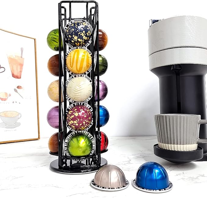 Coffee Pod Holder for Nespresso Vertuoline, Coffee Pod Stand Holds 20 Pods, Small Cofee Pods Organizer Carousel Compatible with Nespresso Vertuoline 360-Degree Rotatable, Black