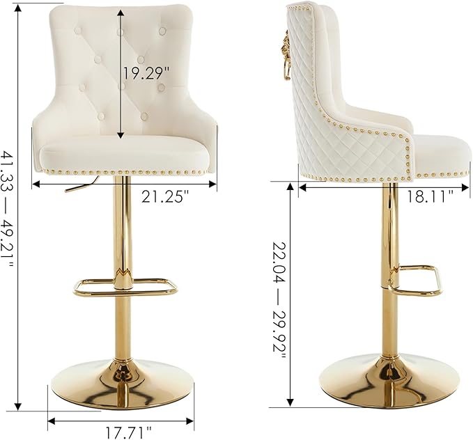 Velvet Gold Barstools Set of 2, Modern Counter Height Adjustable Swivel Stools Chairs with High Tufted Backrest Golden Base Lion Head Pull Ring Diamond Pattern Rivet Trim for Kitchen, Cream