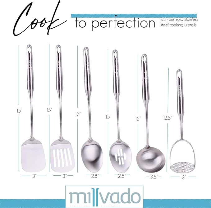 Stainless Steel Kitchen Utensil Set, Cooking Utensils, Set of 6 Kitchen Tools, Solid Spoon, Slotted Spoon, Solid Turner, Slotted Turner, Soup Ladle, Potato Masher, Dishwasher Safe
