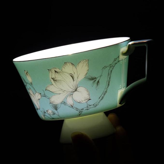 KAMMAK Ceramic Tea Cup and Saucer Set with Gold Trim, Magnolia Flower Pattern, 240ml Elegant Bone China Coffee Cup Set in Blue & Sage Green for Afternoon Tea, Gift for Women