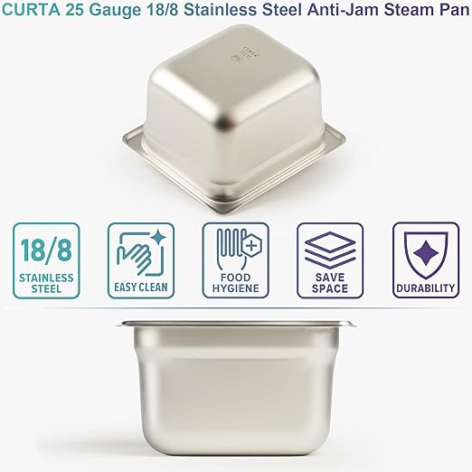 CURTA 6 Pack Anti-Jam Hotel Pans, 1/6 Size 4 Inch Deep, NSF Commercial 18/8 Stainless Steel Chafing Steam Table Pan, Catering Storage Metal Food Pan