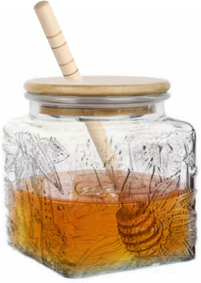 ANSQU Honey Pot, Airtight Glass Honey Jar with Bamboo Lid and Dipper Stick, Honey Container for Storing Syrup Jam Mason Jar for Home Kitchen, 17oz (Square Sunflower,1 Pack)