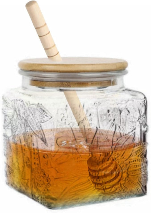 ANSQU Honey Pot, Airtight Glass Honey Jar with Bamboo Lid and Dipper Stick, Honey Container for Storing Syrup Jam Mason Jar for Home Kitchen, 17oz (Square Sunflower,1 Pack)