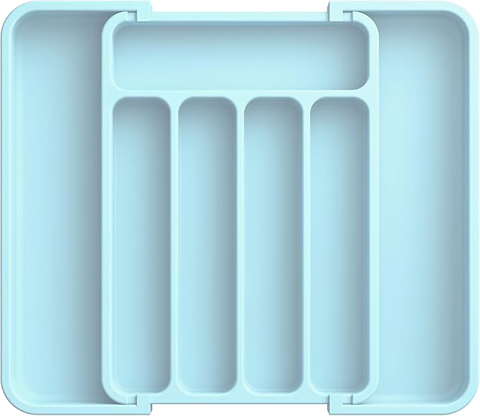 Aujen Silverware Organizer - Expandable Kitchen Drawer Organizer, Adjustable Utensil Organizer, Cutlery Tray for Forks, Knives, Multipurpose Kitchen Organizers and Storage Solution, Blue, Medium